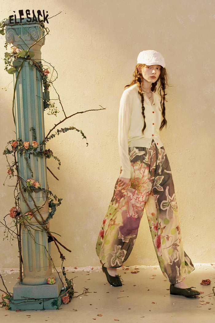 ELFSACK Floral Print Loose Wide Leg Pants