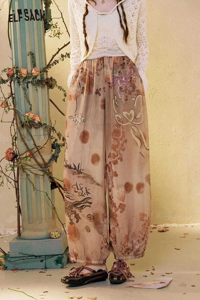 ELFSACK Floral Print Loose Wide Leg Pants