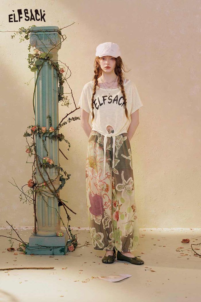 ELFSACK Floral Print Loose Wide Leg Pants