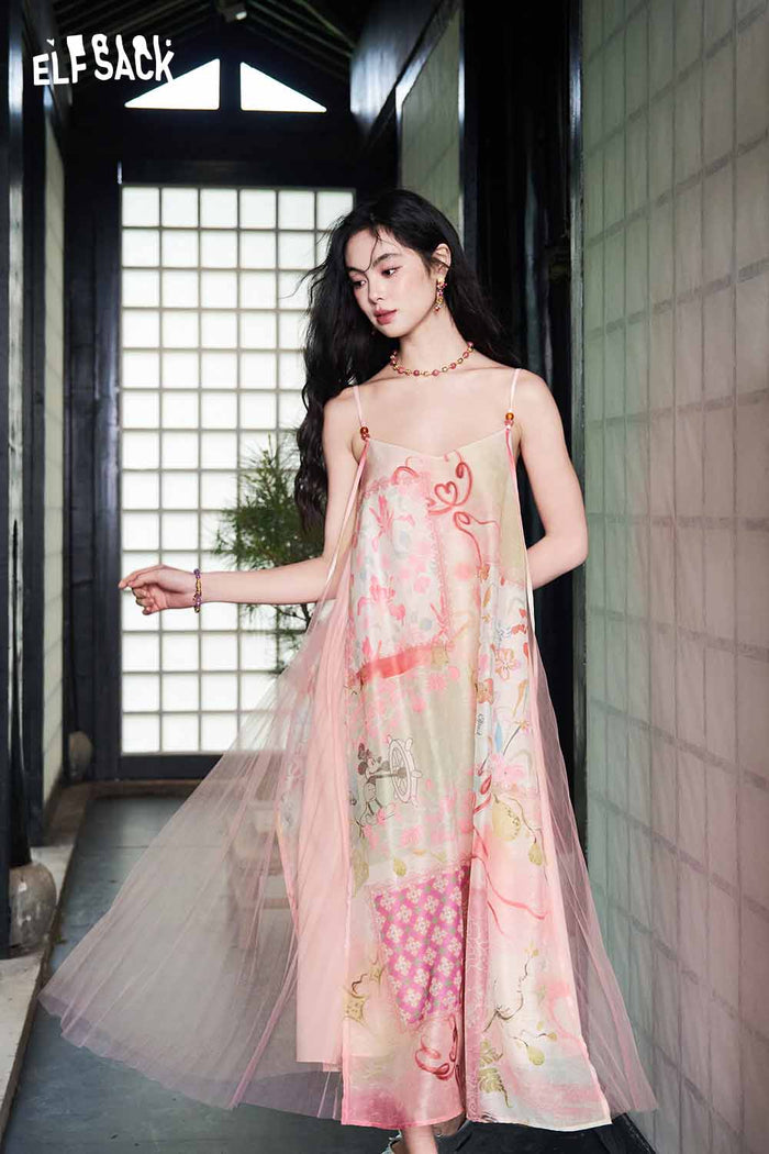 ELFSACK Floral Print Mesh A-Line Slip Dress