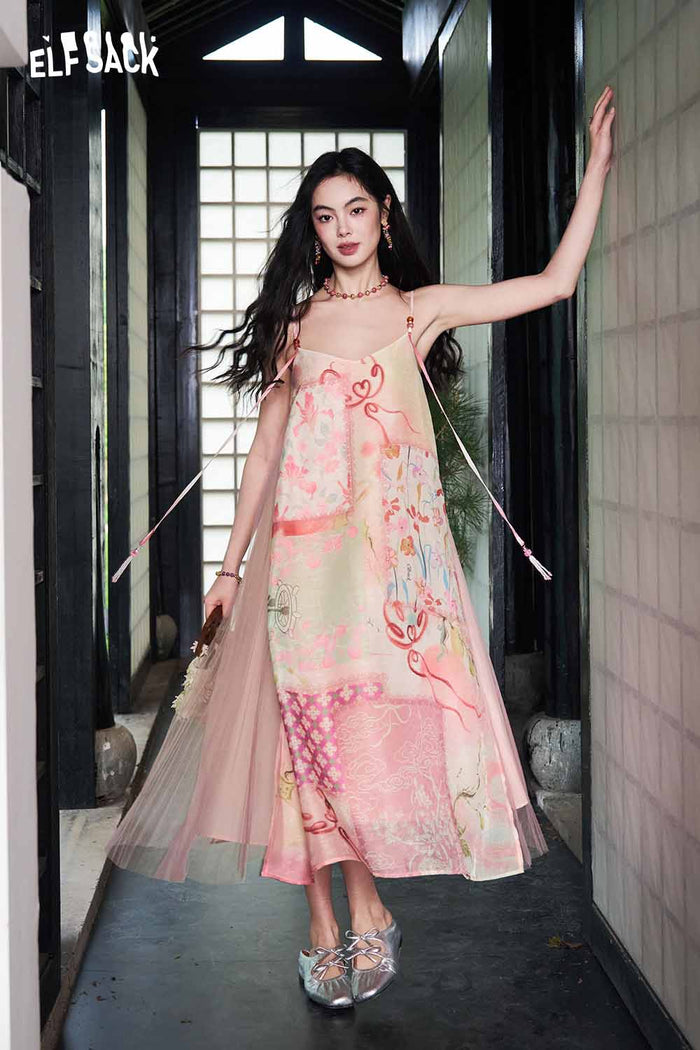 ELFSACK Floral Print Mesh A-Line Slip Dress