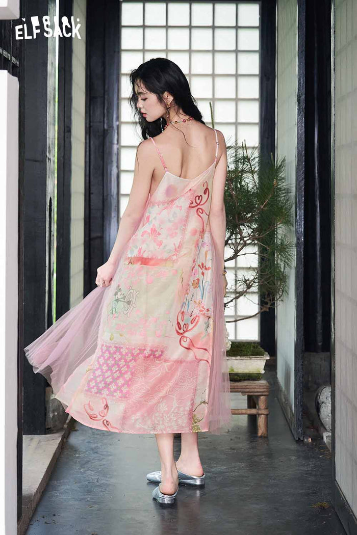 ELFSACK Floral Print Mesh A-Line Slip Dress