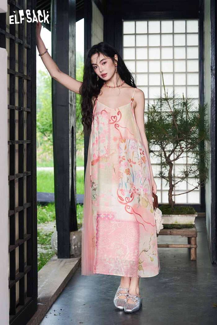 ELFSACK Floral Print Mesh A-Line Slip Dress
