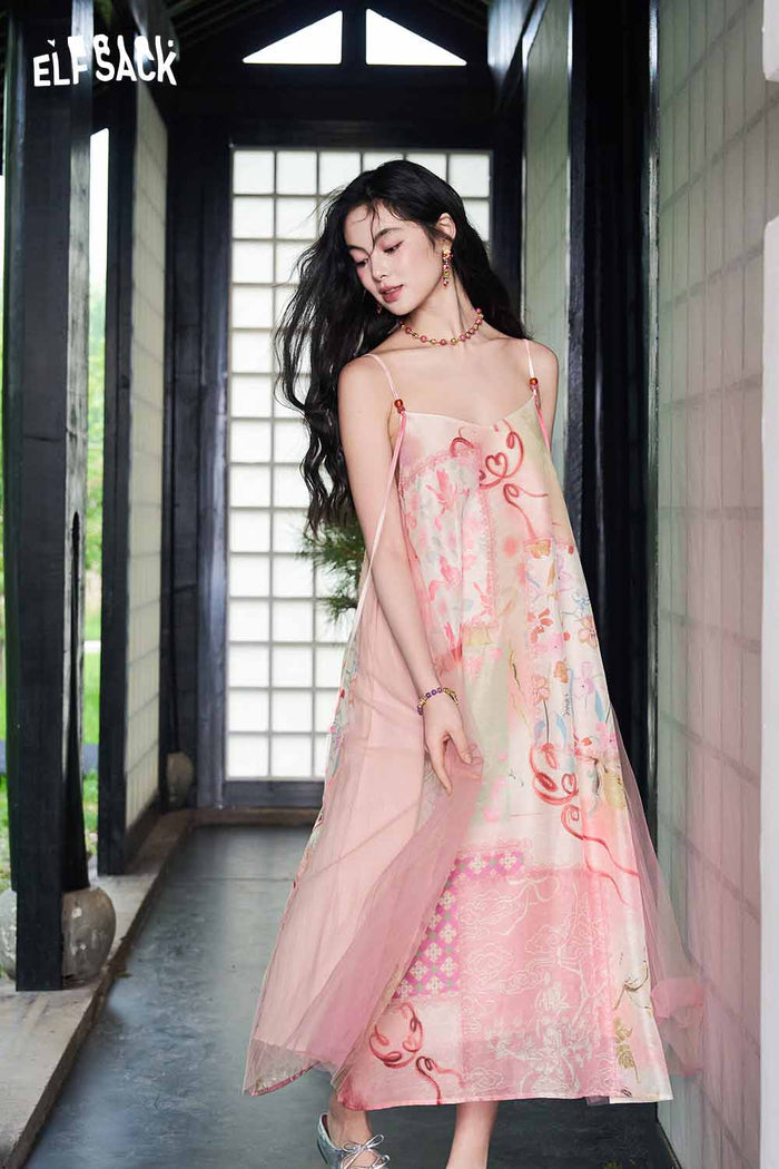 ELFSACK Floral Print Mesh A-Line Slip Dress