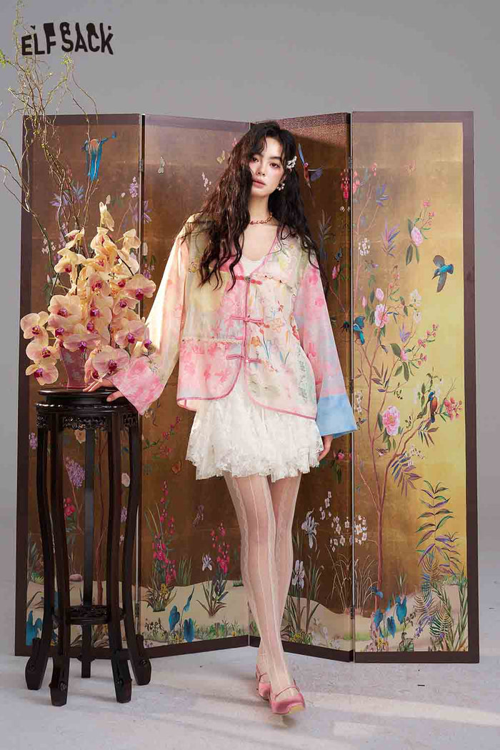 ELFSACK Floral Print Patchwork Open Jacket
