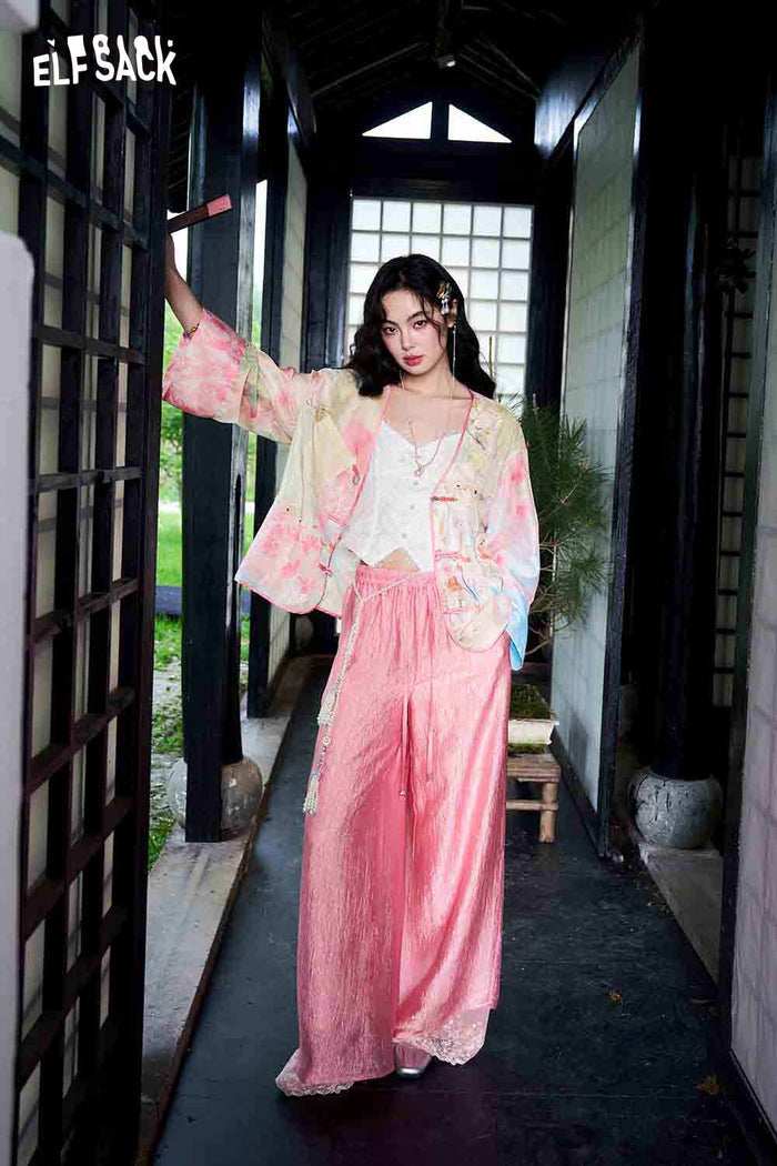 ELFSACK Floral Print Patchwork Open Jacket