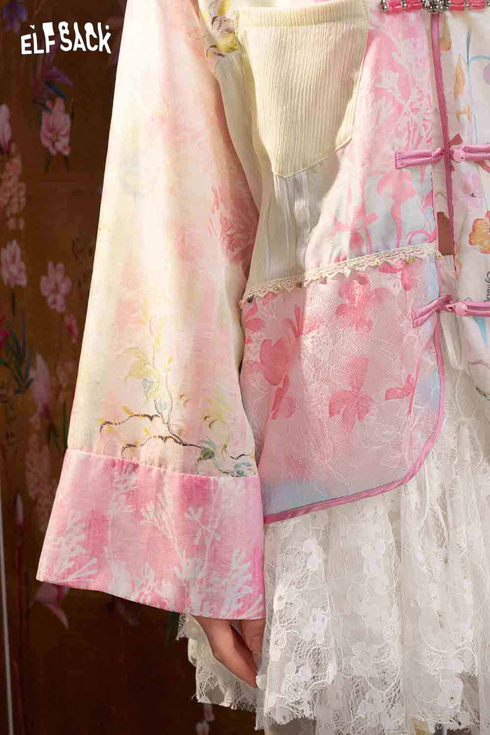 ELFSACK Floral Print Patchwork Open Jacket