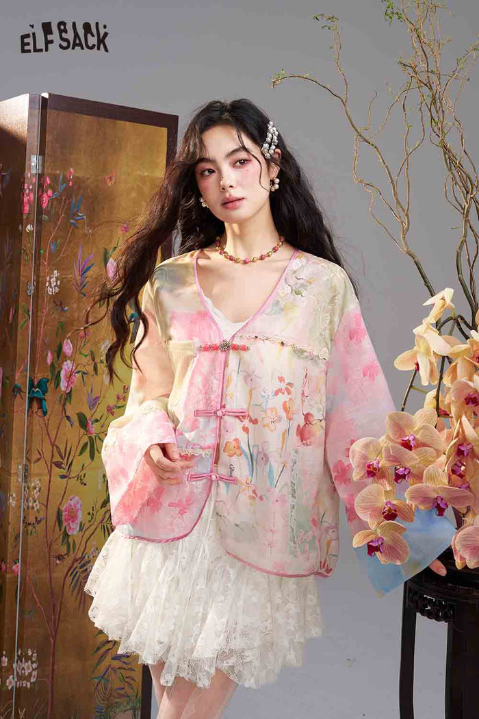 ELFSACK Floral Print Patchwork Open Jacket