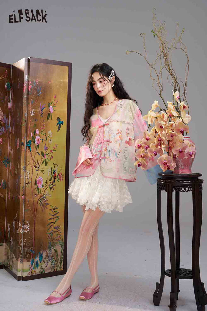 ELFSACK Floral Print Patchwork Open Jacket