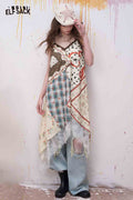 ELFSACK Floral Print Plaid Patchwork Lace Trim Dress