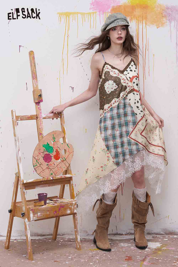 ELFSACK Floral Print Plaid Patchwork Lace Trim Dress