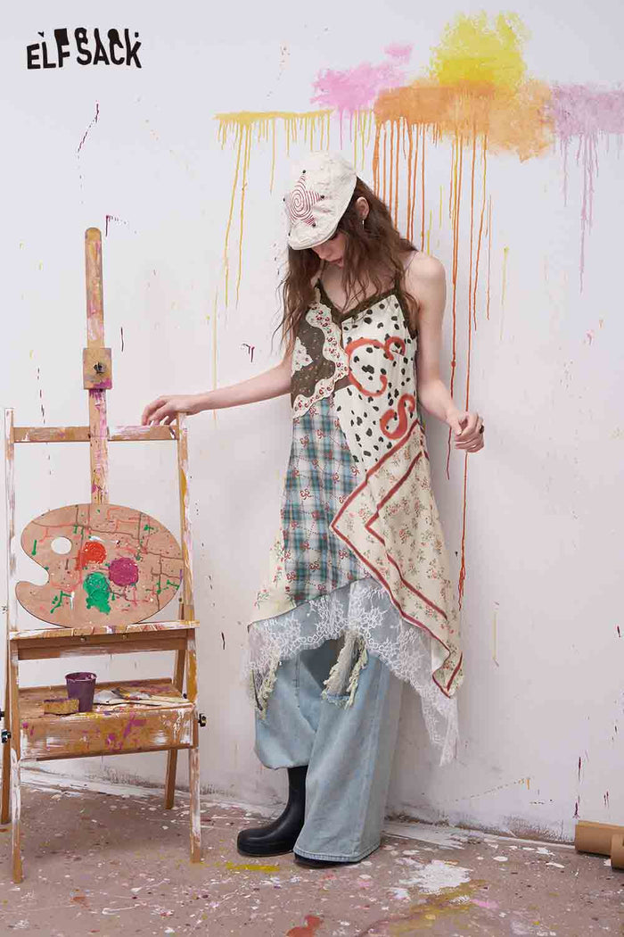 ELFSACK Floral Print Plaid Patchwork Lace Trim Dress