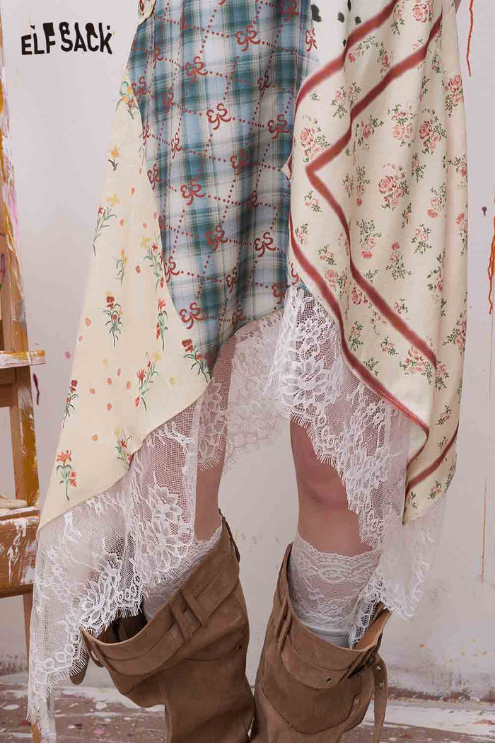 ELFSACK Floral Print Plaid Patchwork Lace Trim Dress