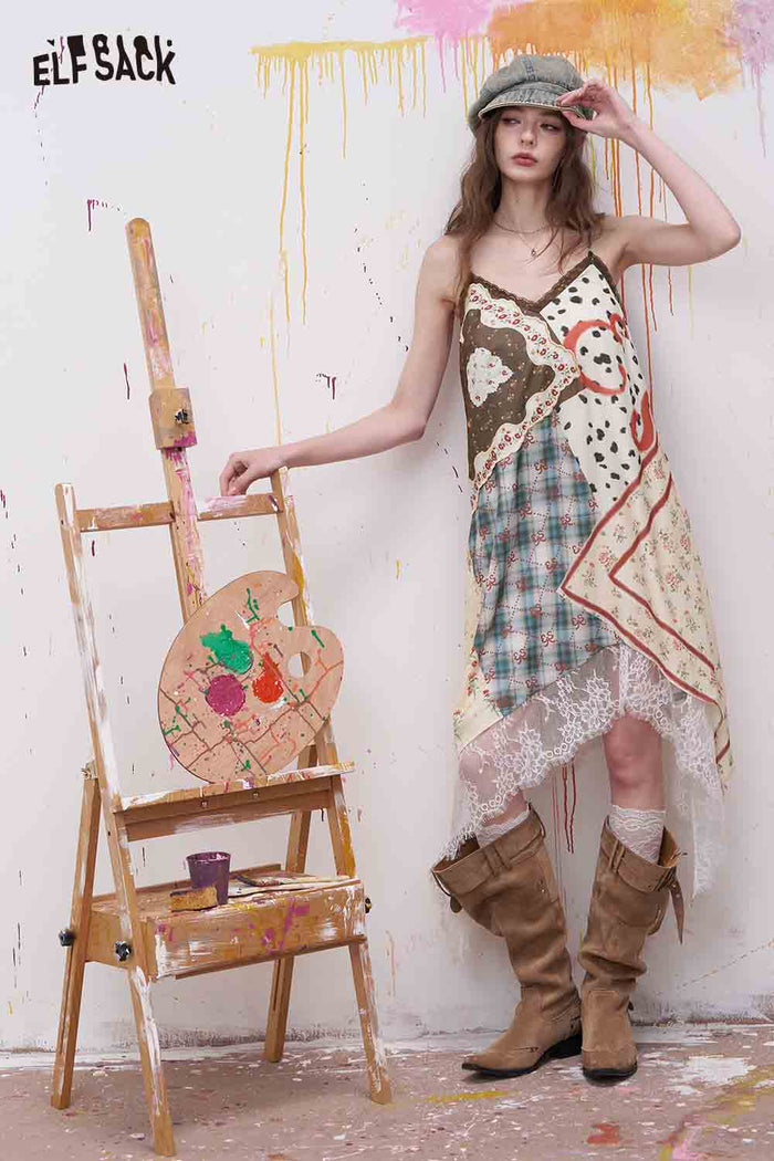 ELFSACK Floral Print Plaid Patchwork Lace Trim Dress