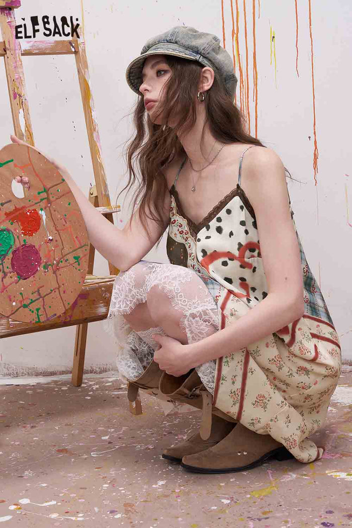 ELFSACK Floral Print Plaid Patchwork Lace Trim Dress