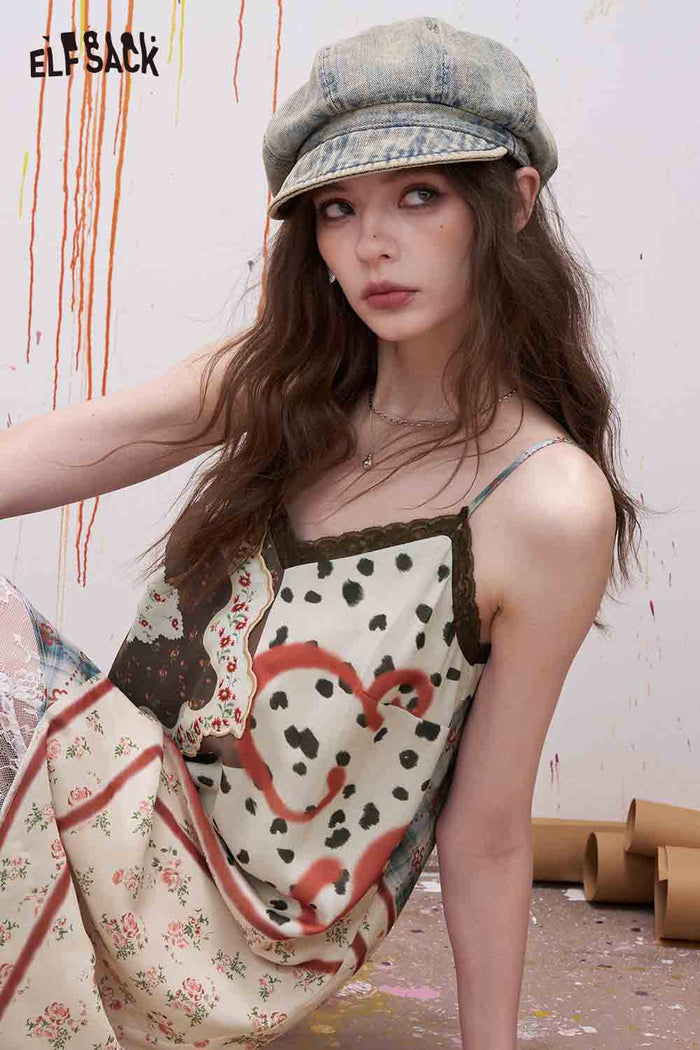 ELFSACK Floral Print Plaid Patchwork Lace Trim Dress