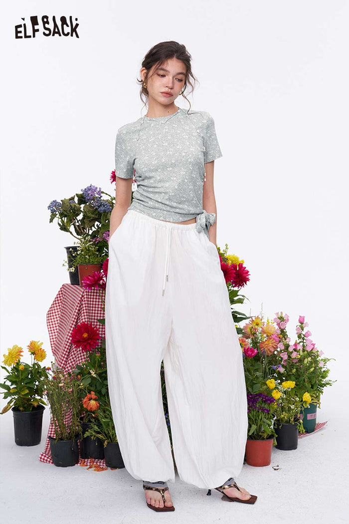 ELFSACK Floral Print Ruched Slim Fit T-Shirt