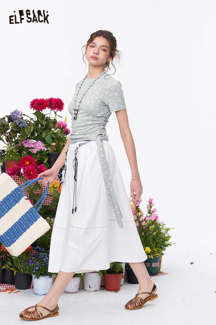 ELFSACK Floral Print Ruched Slim Fit T-Shirt