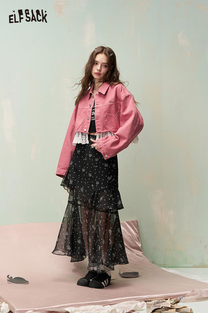 ELFSACK Floral Print Skirt with Layered Ruffled Hem