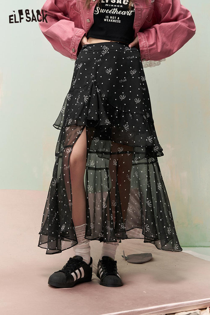 ELFSACK Floral Print Skirt with Layered Ruffled Hem