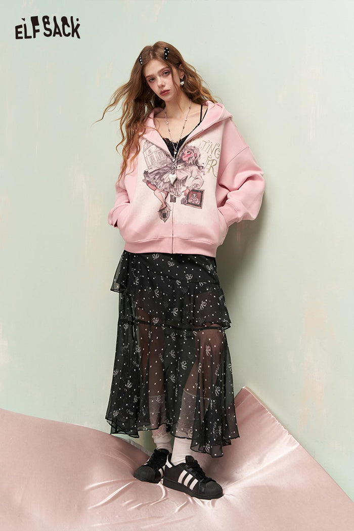 ELFSACK Floral Print Skirt with Layered Ruffled Hem