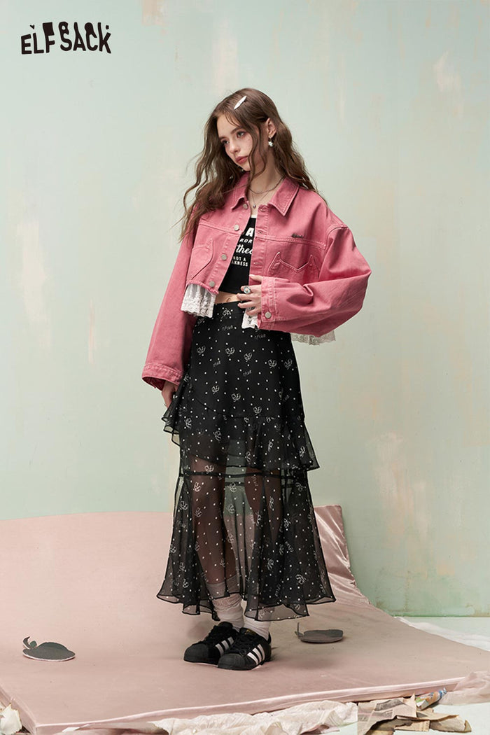 ELFSACK Floral Print Skirt with Layered Ruffled Hem