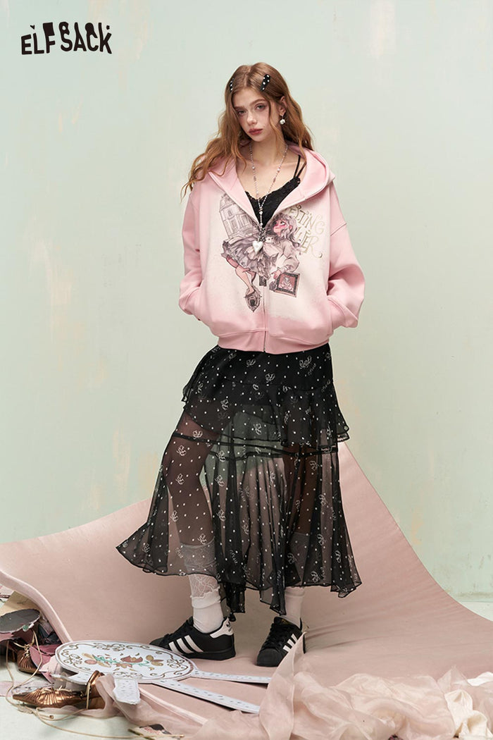 ELFSACK Floral Print Skirt with Layered Ruffled Hem