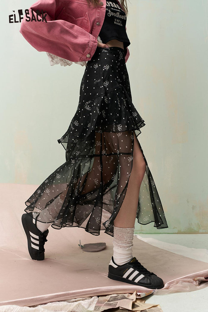 ELFSACK Floral Print Skirt with Layered Ruffled Hem