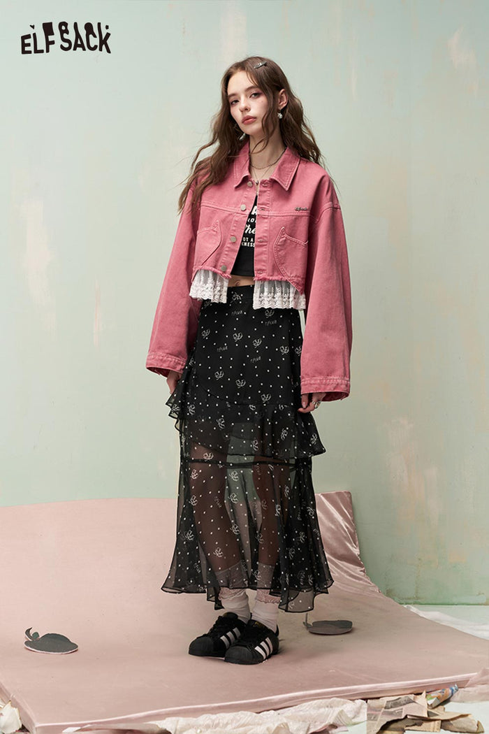 ELFSACK Floral Print Skirt with Layered Ruffled Hem