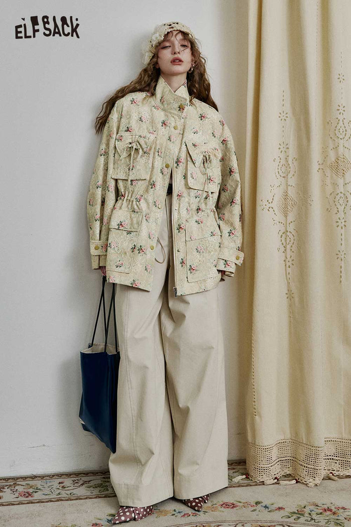 Floral Print Stand Collar Outerwear