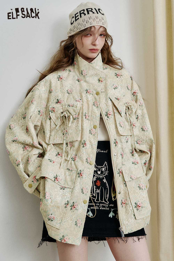 Floral Print Stand Collar Outerwear