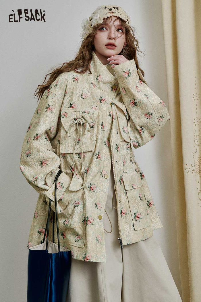 Floral Print Stand Collar Outerwear