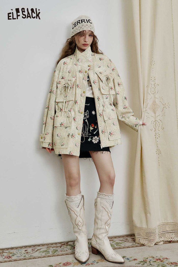Floral Print Stand Collar Outerwear