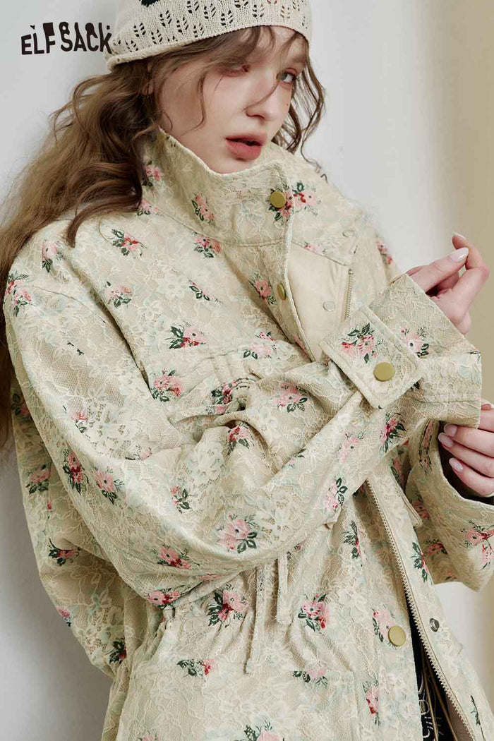 Floral Print Stand Collar Outerwear