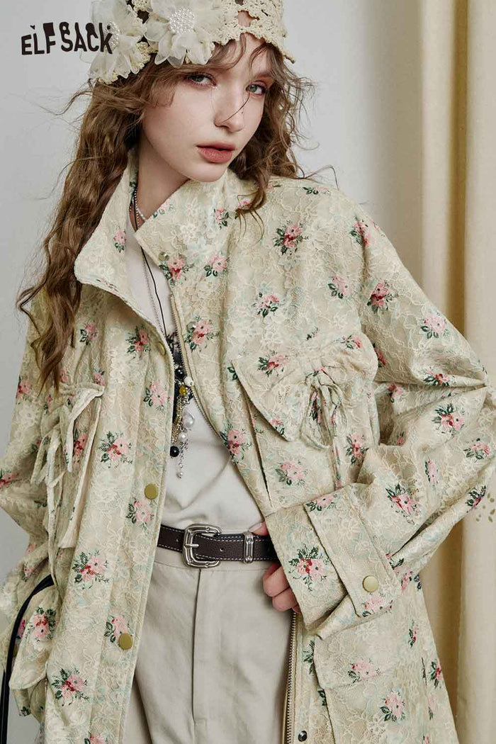 Floral Print Stand Collar Outerwear