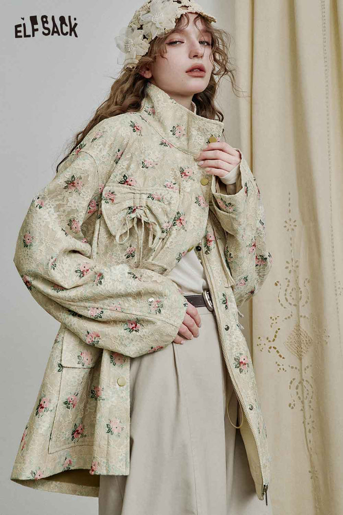 Floral Print Stand Collar Outerwear