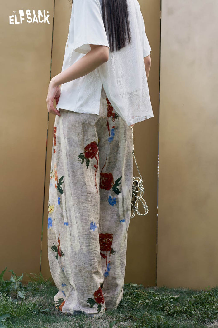 ELFSACK Floral Print Straight Leg Woven Pants