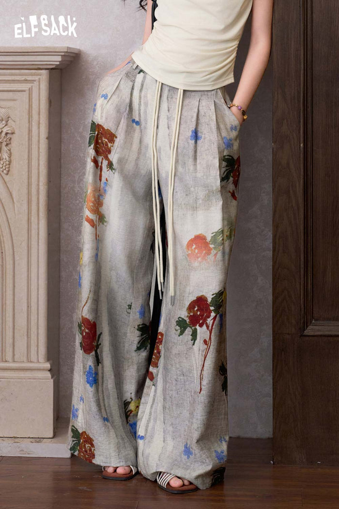 ELFSACK Floral Print Straight Leg Woven Pants