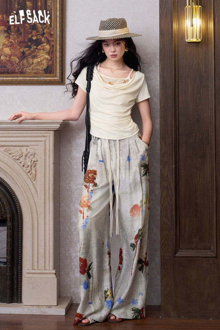 ELFSACK Floral Print Straight Leg Woven Pants