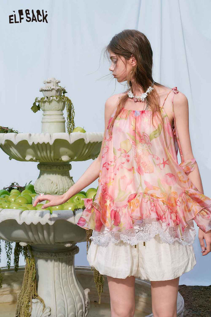 ELFSACK Floral Print Tiered Lace Chiffon Cami Top