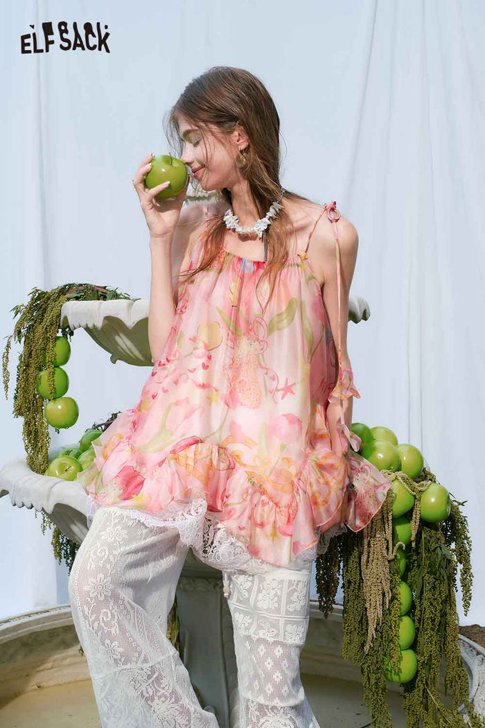 ELFSACK Floral Print Tiered Lace Chiffon Cami Top