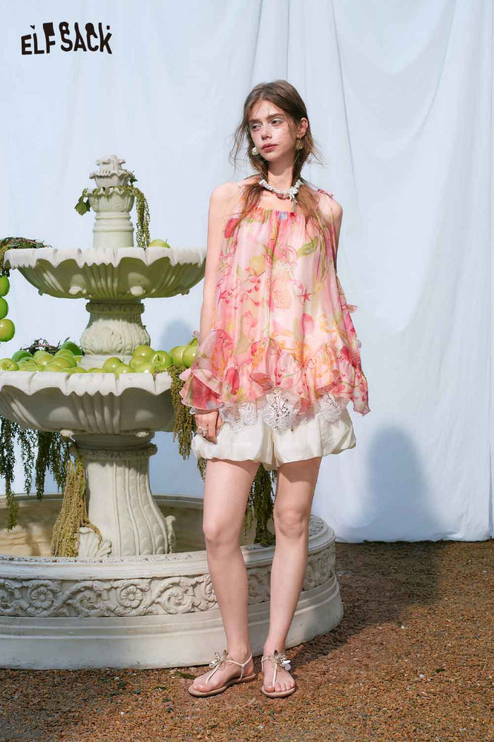 ELFSACK Floral Print Tiered Lace Chiffon Cami Top