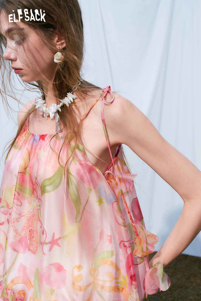 ELFSACK Floral Print Tiered Lace Chiffon Cami Top