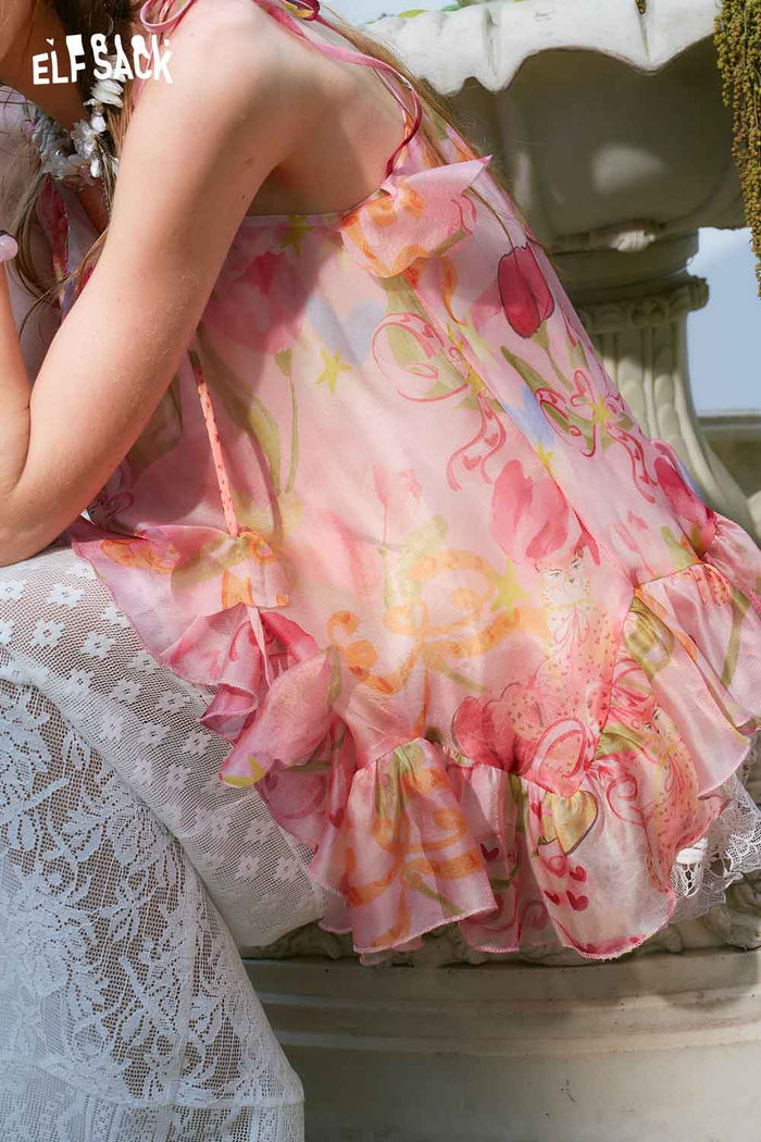 ELFSACK Floral Print Tiered Lace Chiffon Cami Top