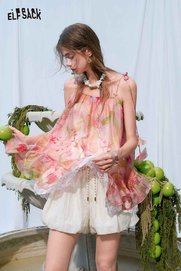 ELFSACK Floral Print Tiered Lace Chiffon Cami Top