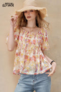 ELFSACK Floral Puff Sleeve French Chiffon Top Resort Summer Blouse