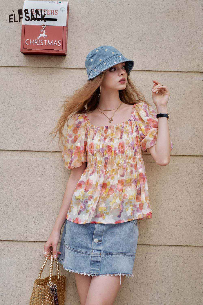 ELFSACK Floral Puff Sleeve French Chiffon Top Resort Summer Blouse