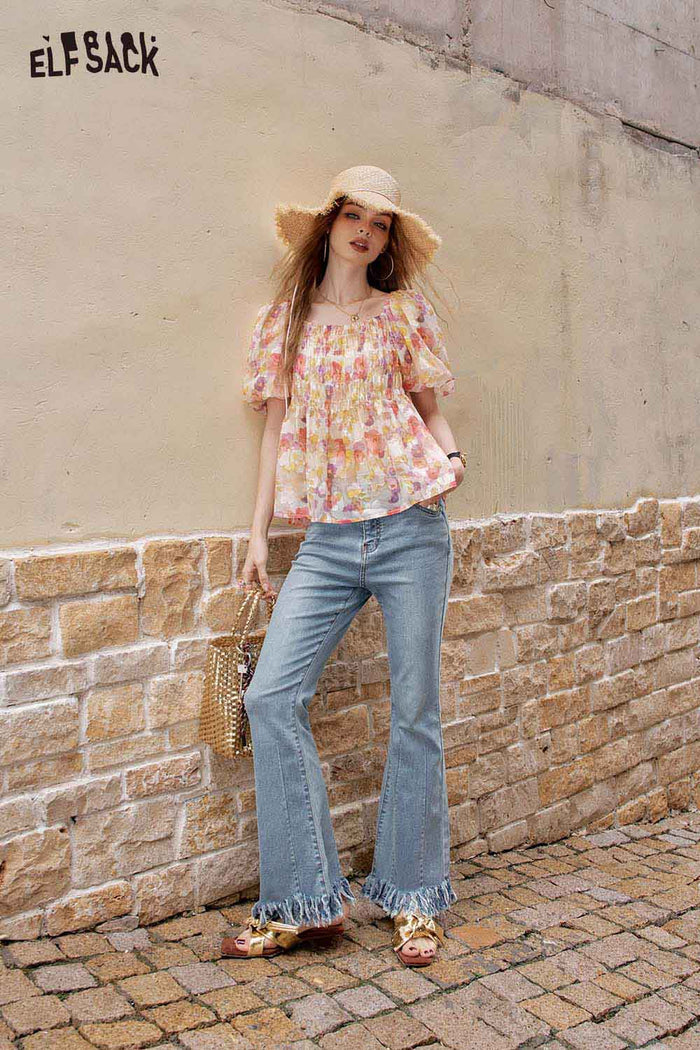 ELFSACK Floral Puff Sleeve French Chiffon Top Resort Summer Blouse