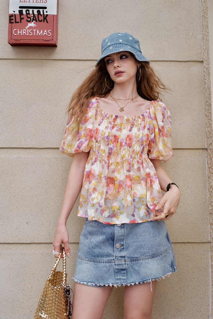 ELFSACK Floral Puff Sleeve French Chiffon Top Resort Summer Blouse