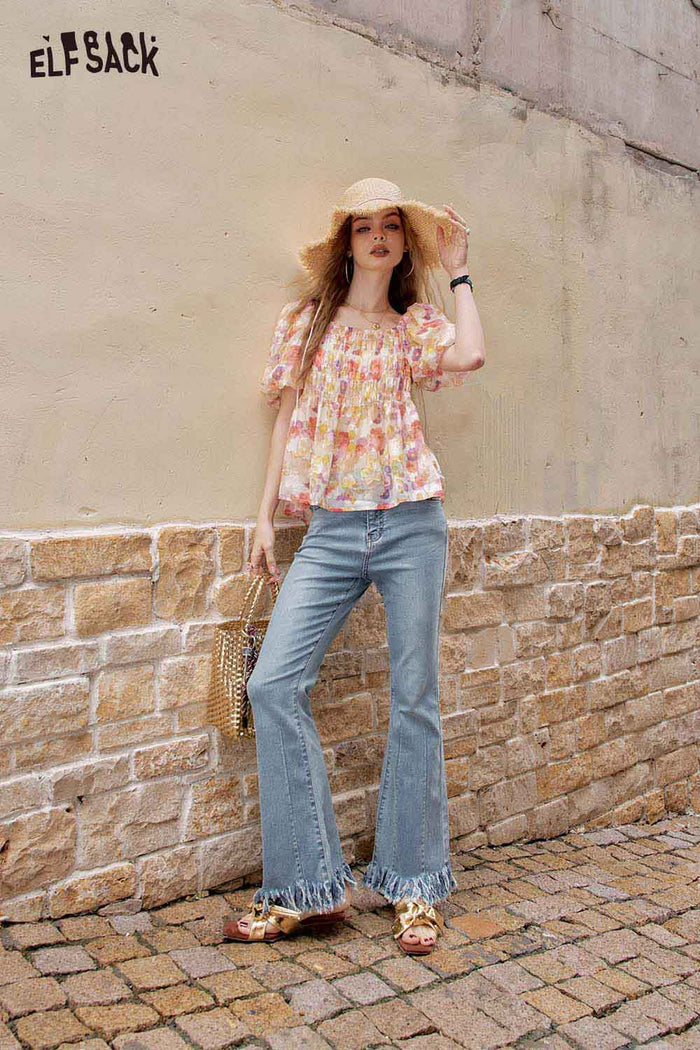 ELFSACK Floral Puff Sleeve French Chiffon Top Resort Summer Blouse
